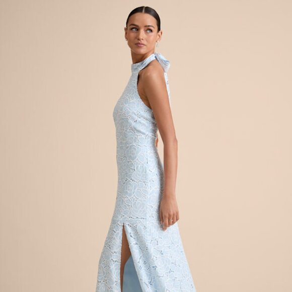 Lulus Vaelyn Light Blue Crochet Lace Halter Maxi Dress - Size S - Picture 1 of 1